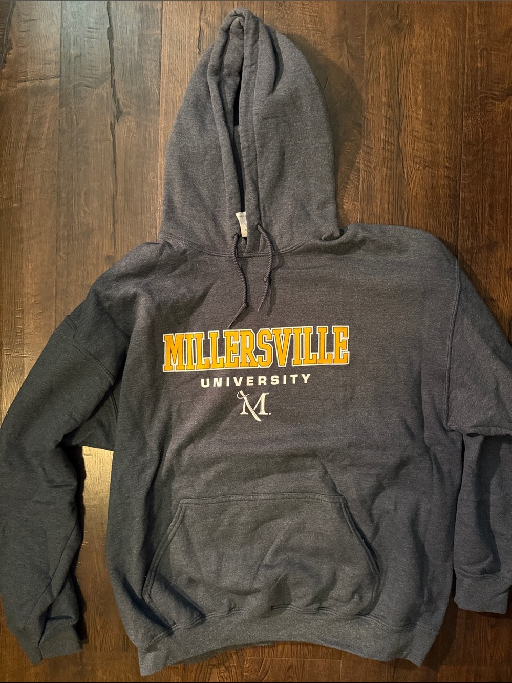 Gildan Navy Millersville University Pullover Hoodie with Gold Lettering